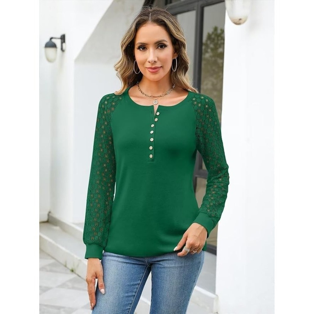 Womens Lace Long Sleeve Top Henley Button Up See Through Sleeve Career Top NWT